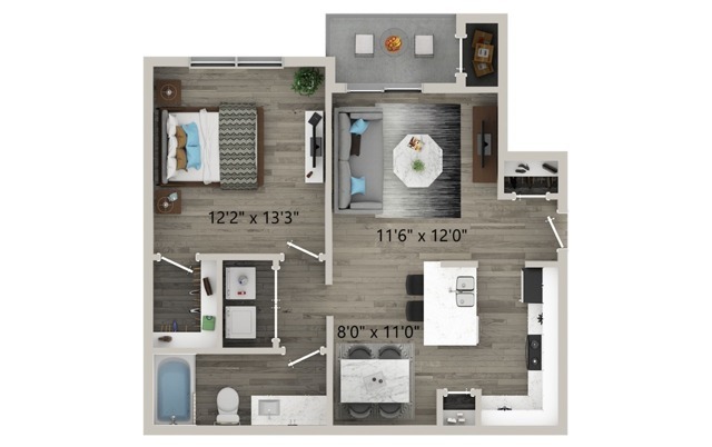 One Bedroom One Bath Floor Plan - Halston on Frankford