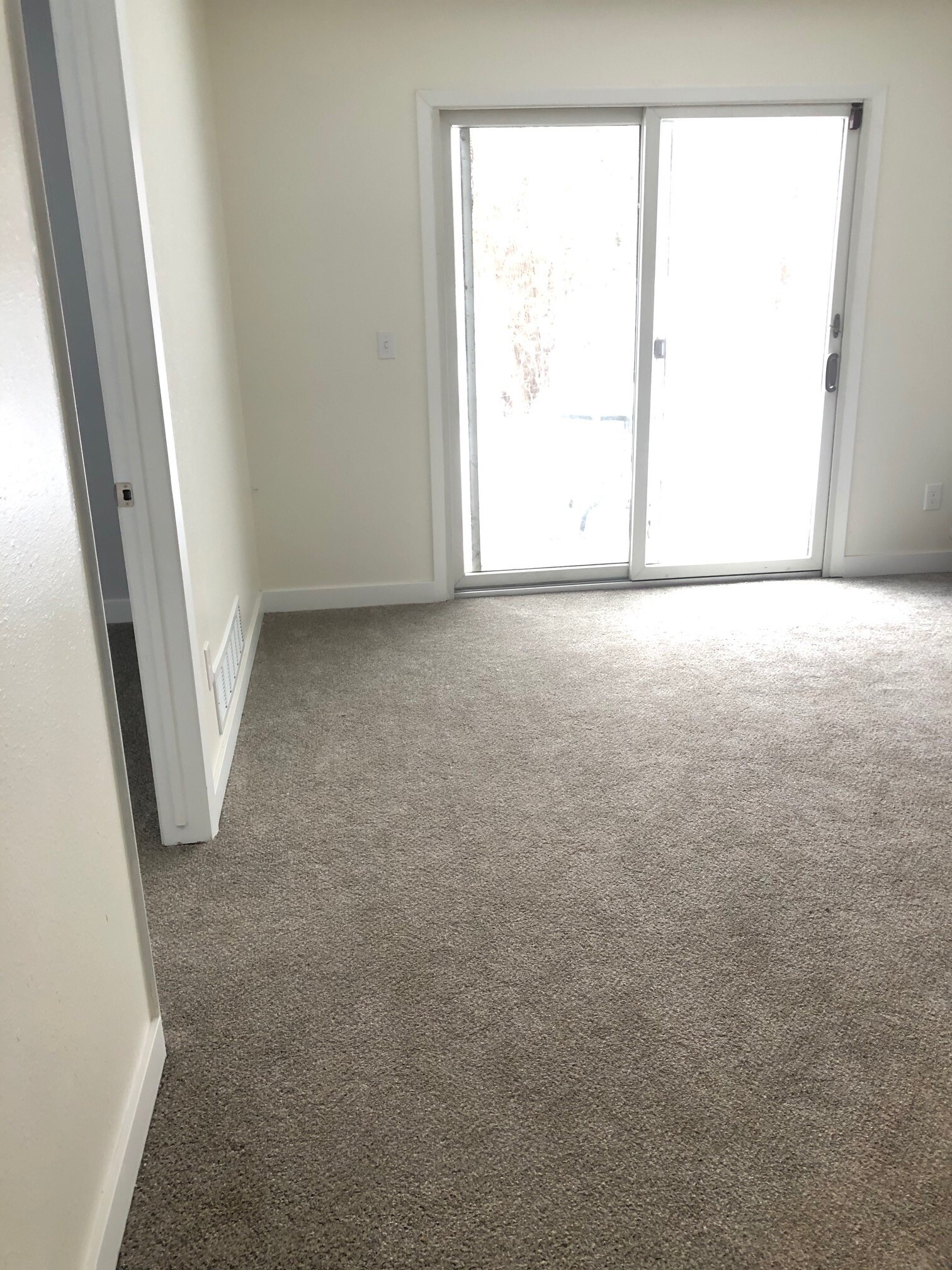 basement living space, door to the left is the bedroom door, sliding doors lead to patio and backyard - 6224 Magnolia Ln N