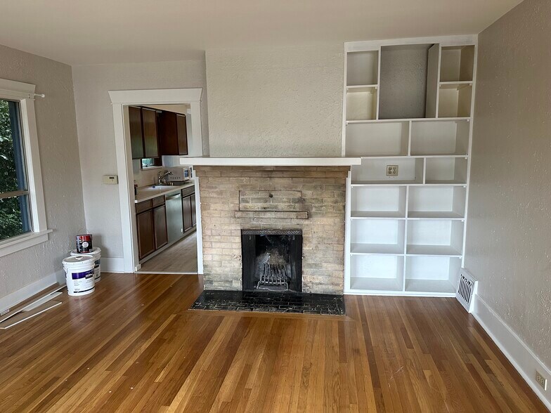 Living room built in shelves and hearth (fireplace NOT functional) - 4038 Greenwood Avenue North