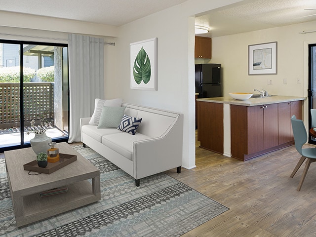 Classic Package II kitchen and living room with hard surface flooring (select homes) - eaves South Coast