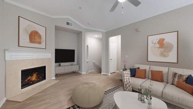 Newly Renovated Living Room with Fireplace - The Delano at North Richland Hills Apartments