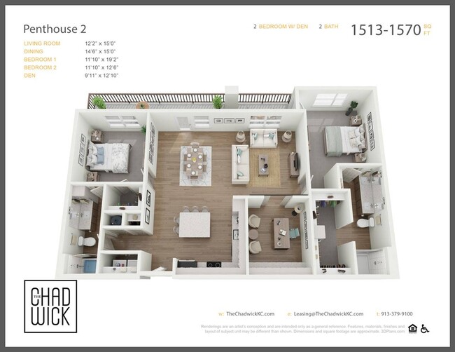 Two Bedroom Penthouse with Flex Den, Two Bath - The Chadwick