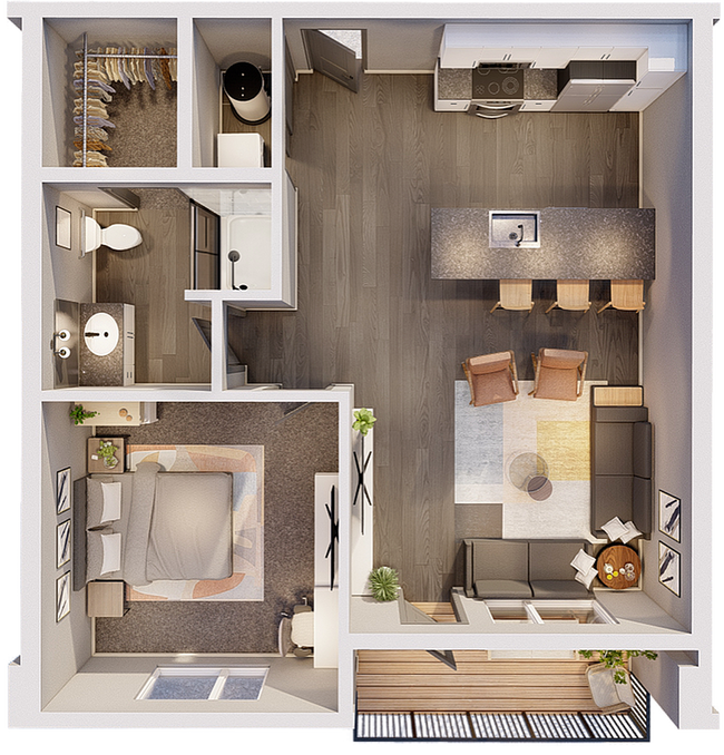 1A 1 Bed Floorplan - 605SF - South Bank at Quarry Trails