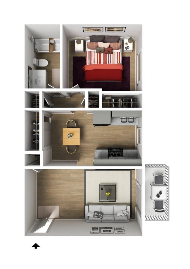 Modern floor plan with a cozy bedroom, sleek kitchen, dining area, elegant living room, and balcony. Perfect for urban living. - University Village