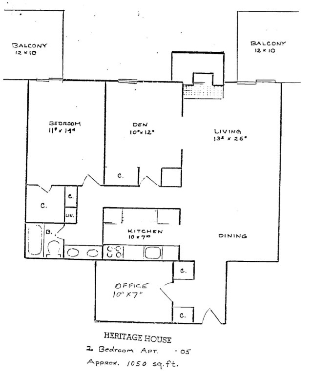 2 Bedroom 1 Bath Floorplan - The Heritage House