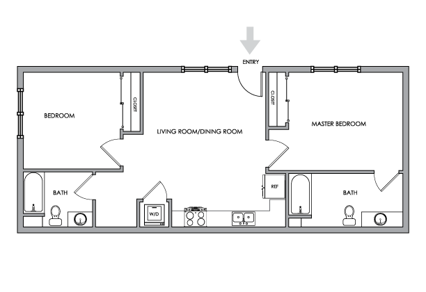 2D Floor Plan Rendering - Two-Bedroom, Two-Bathroom | Option 3 - Breeze Hill