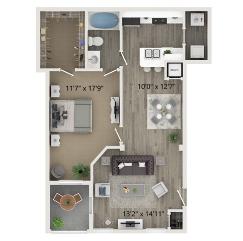 One Bedroom One Bath Floor Plan - Halston World Gateway Apartment Homes