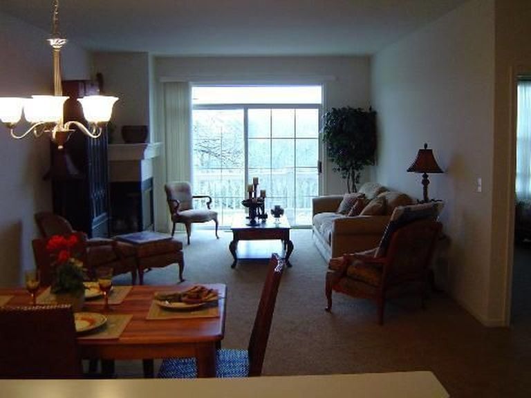 large family room with walk out balcony featuring views of the fox river and a gas fireplace - 281 Hickory Lane