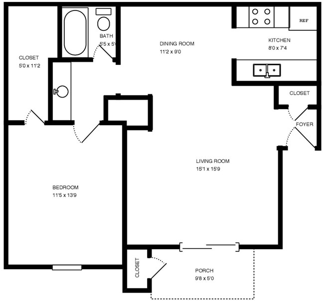 1BR/1BA 697 sq ft - room dimensions - The Park @ Live Oak Apartments