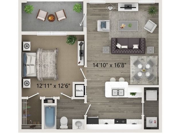 One Bedroom One Bath Floor Plan - Halston World Gateway Apartment Homes