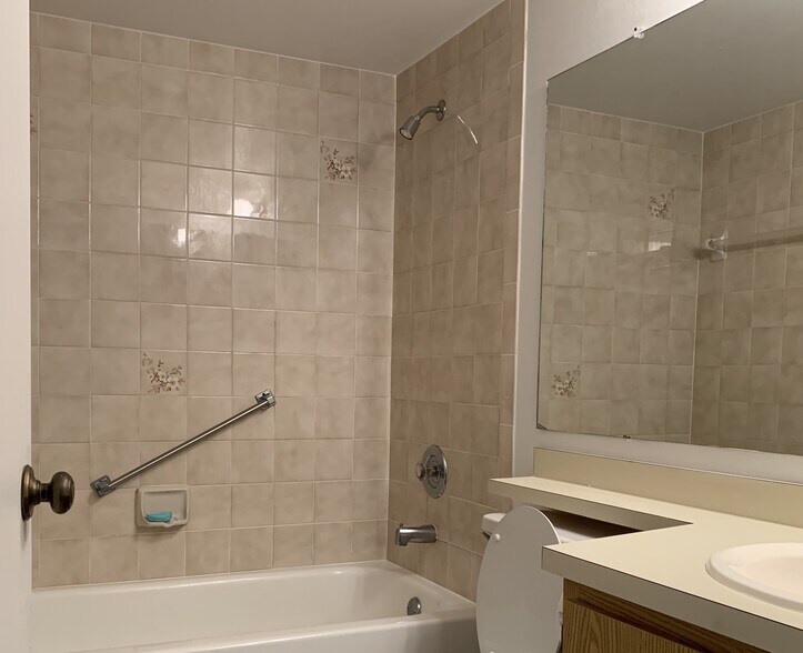 Guest bath features a modern safety bar for added convenience and security - 9570 Green Cypress Ln