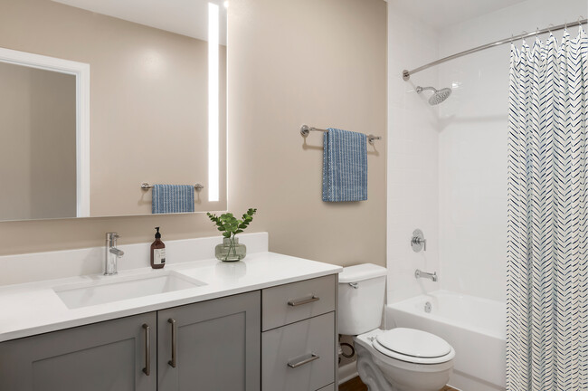 Signature Collection bath with grey cabinetry, white marbled quartz countertops, and hard surface flooring - Avalon Clarendon