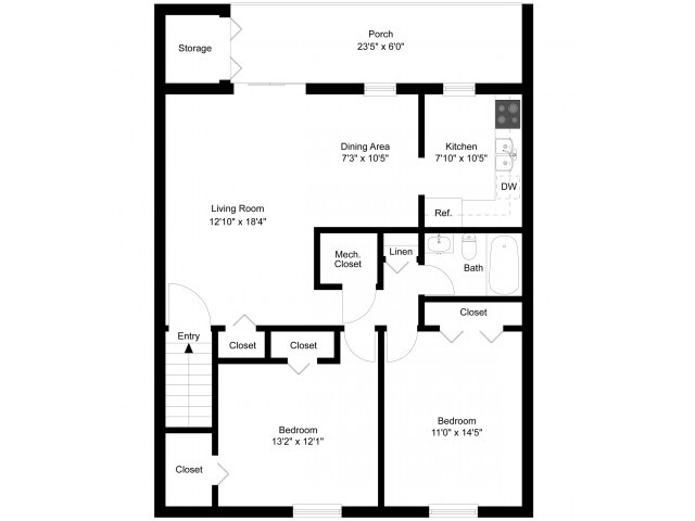 Two bedroom upstairs floor plan - Westover Village Apartments