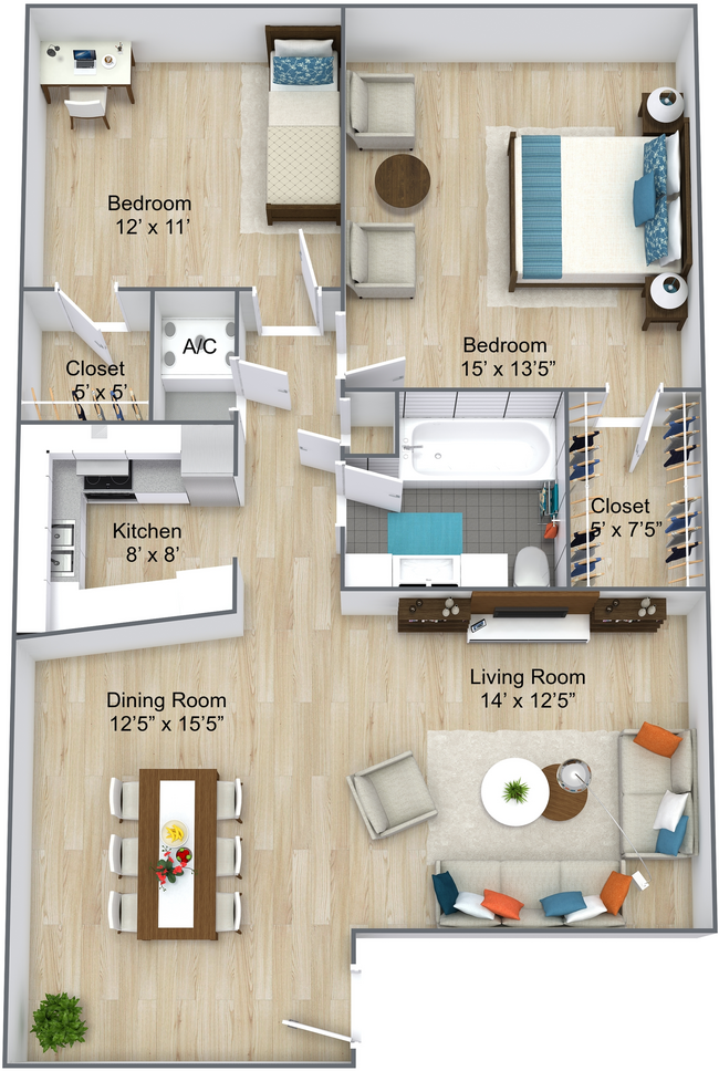 2 Bedrooms, 1 Bathroom - 1305 Memorial Apartments