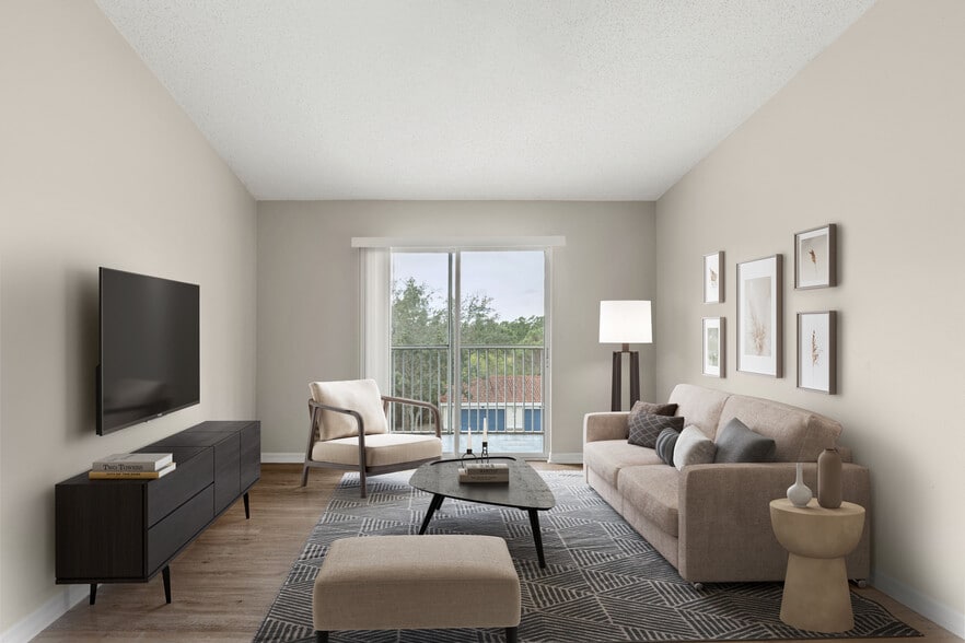 Homes feature hardwood-style floors and private screened balcony or patio - Pine Lakes Preserve