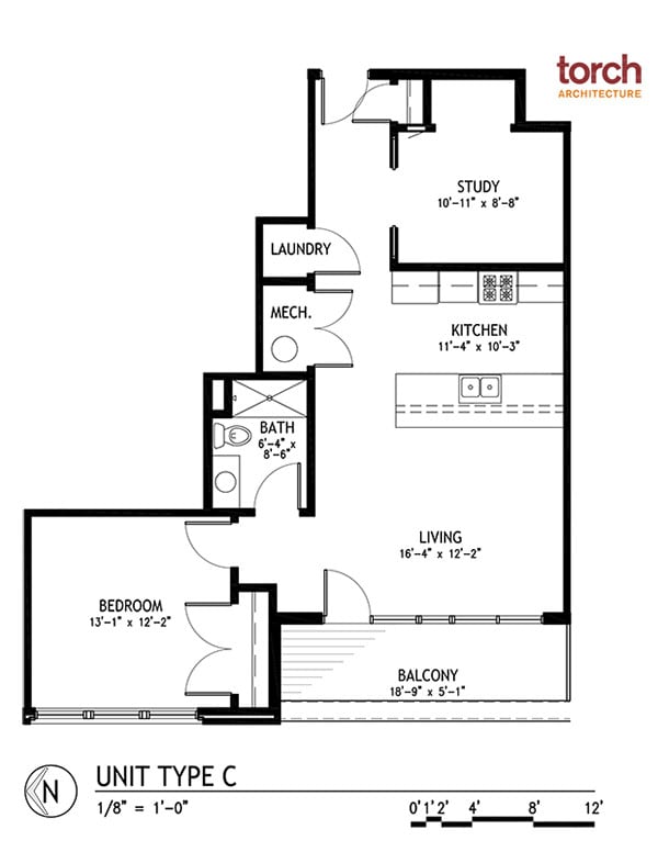 Unit C - 1 bd/1ba (3rd FL 860 SF) - The Washington