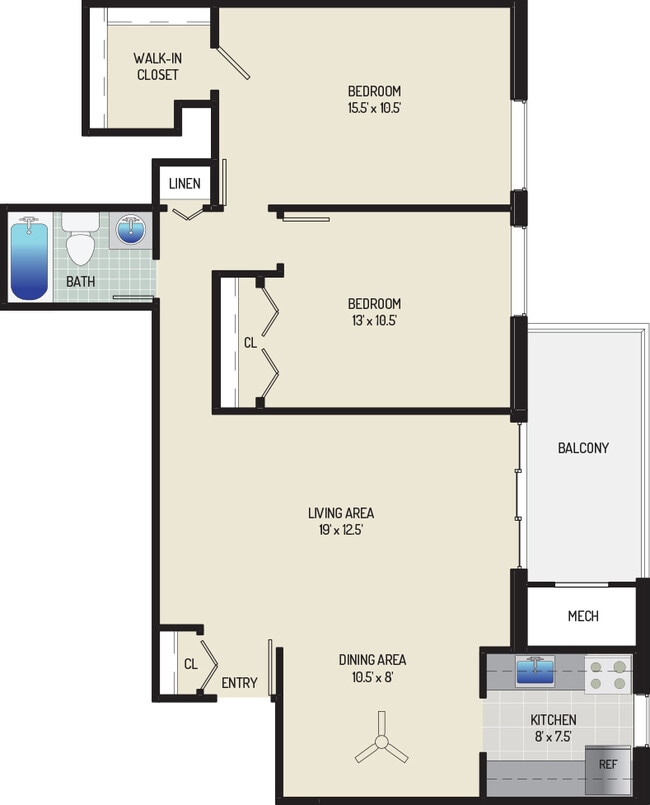 2 BR/ 1 BA (Style G2) | 885 sq. ft. - Columbia Park Apartments