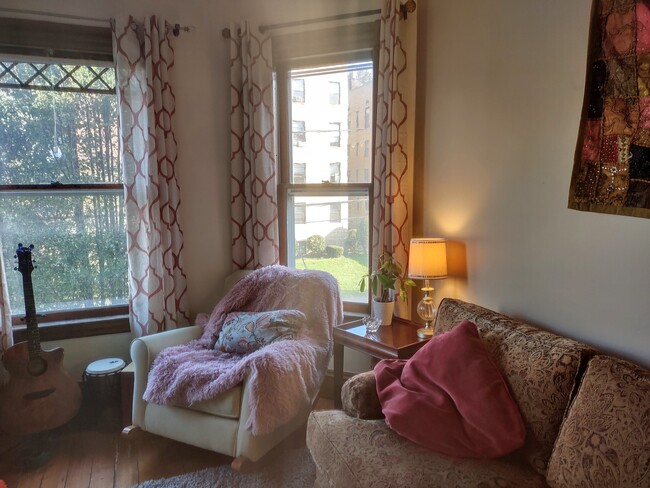 living room with pellet stove, we ask that people take turns weekly keeping it burning in the winter - 281 Collins St