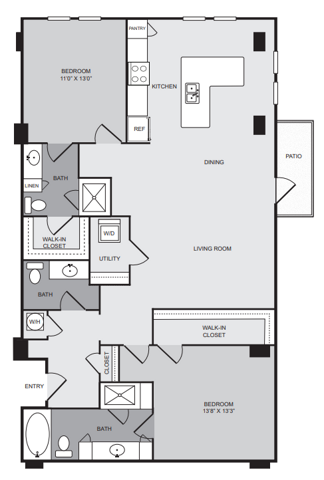 2 bedroom 2 bath apartment with kitchen island, dining area, patio, walk in closet and 1616 sq ft - Cantabria at Turtle Creek closed