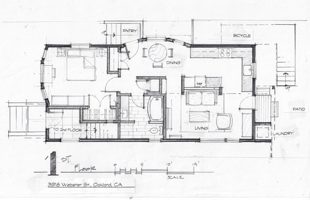Floor plan with furniture suggestion (drawn to scale) Unit designed by architect with custom details - 3918 Webster St