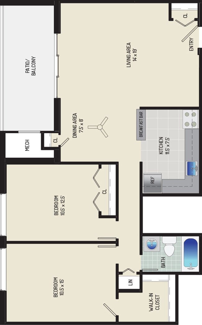 2 BR/ 1 BA (Style H2) | 945 sq. ft. - Columbia Park Apartments