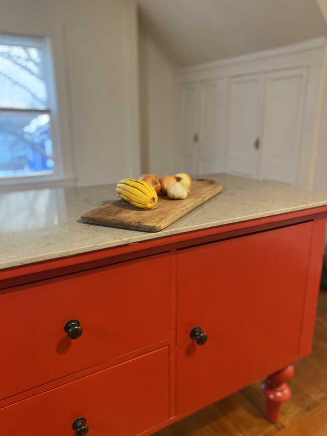 Quartz topped vintage island showing living room huge closet for storage. - 16 Eames St