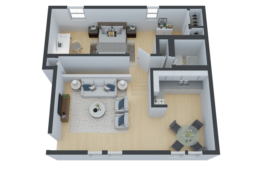 Whisper- Split Level One Bedroom Floorplan - Willow Pointe Apartments