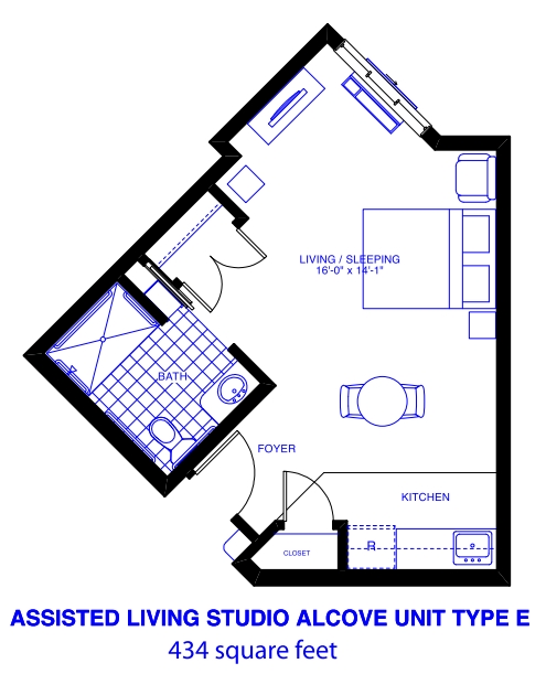 Assisted Living Studio Alcove Unit Type E - Patriots Landing Independent/Assisted Living