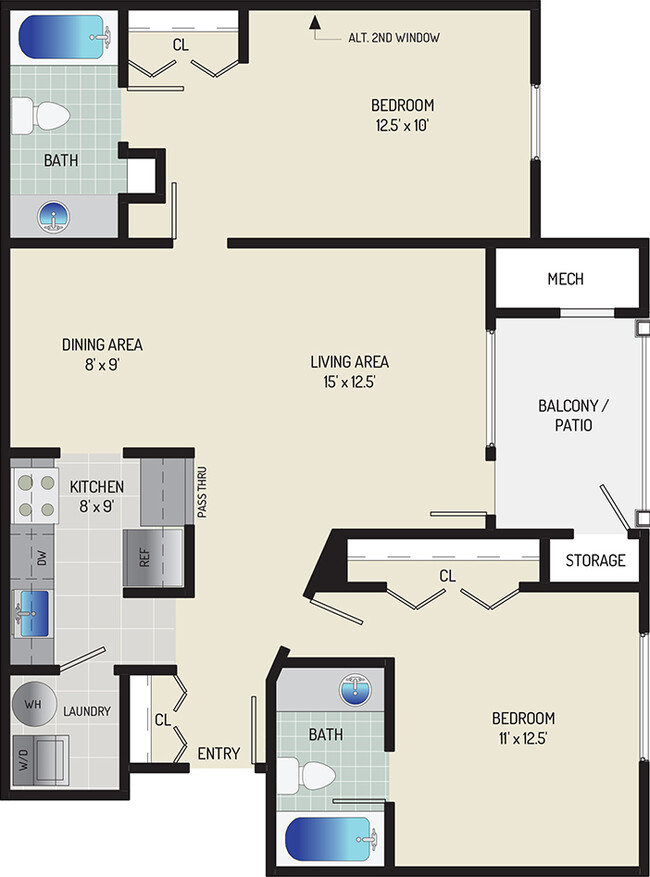 2 BR/ 2 BA (Style C2) | 910 sq. ft. - Seneca Club Apartments