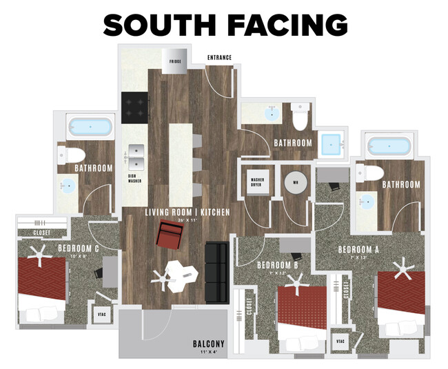 The floor plan above shows the layout of units on the south side of the building (towards campus). Please click the arrow to see the floorplan that represents the layout on the north side of the building (Towards A-Mountain). - Atmosphere