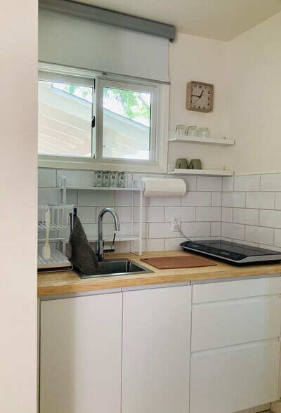 kitchenette: faucet/sink, dish drainer, induction cooktop, cutting board, cups/glasses - 626 Bonair Way