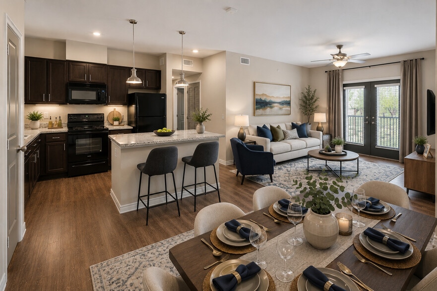 Open Kitchen, Dining & Living with Island Seating - Midlothian Meadows