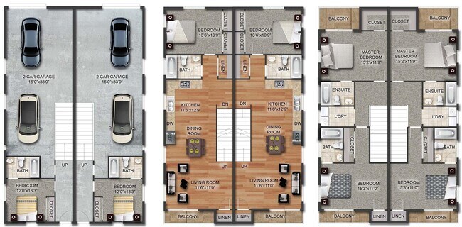 Floor Plan of All 3 Floors of 2 Front Units. Floorplan shows Both Front Units side by side. - 5747 Fulcher Ave