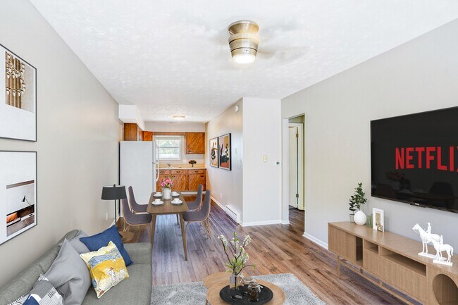 Living room kitchen white walls - Hillside Apartments