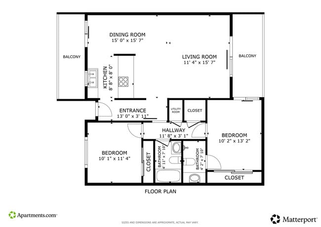 2BR, 2BA - 850SF - Floor Plan - 250 E Acacia St.