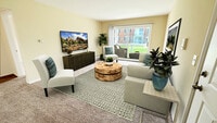 A cheerful setting for gathering in your luxe living room with a large door wall leading to a private patio or balcony. Life is good at this Royal Oak apartment community in such a nice neighborhood. - Briarwood Park Apartments
