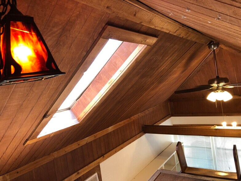 Stained glass hanging lamp and skylight, ceiling fan - 508 Bellevue Pl