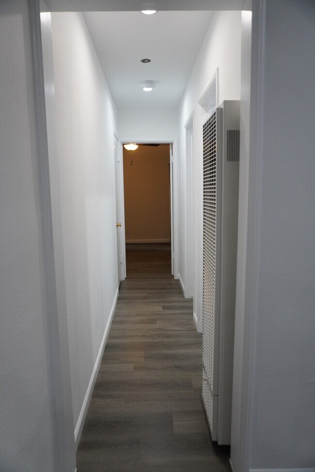 hallway leading to laundry, bathroom & bedroom; extra storage on left side - 1425 Hauser Blvd
