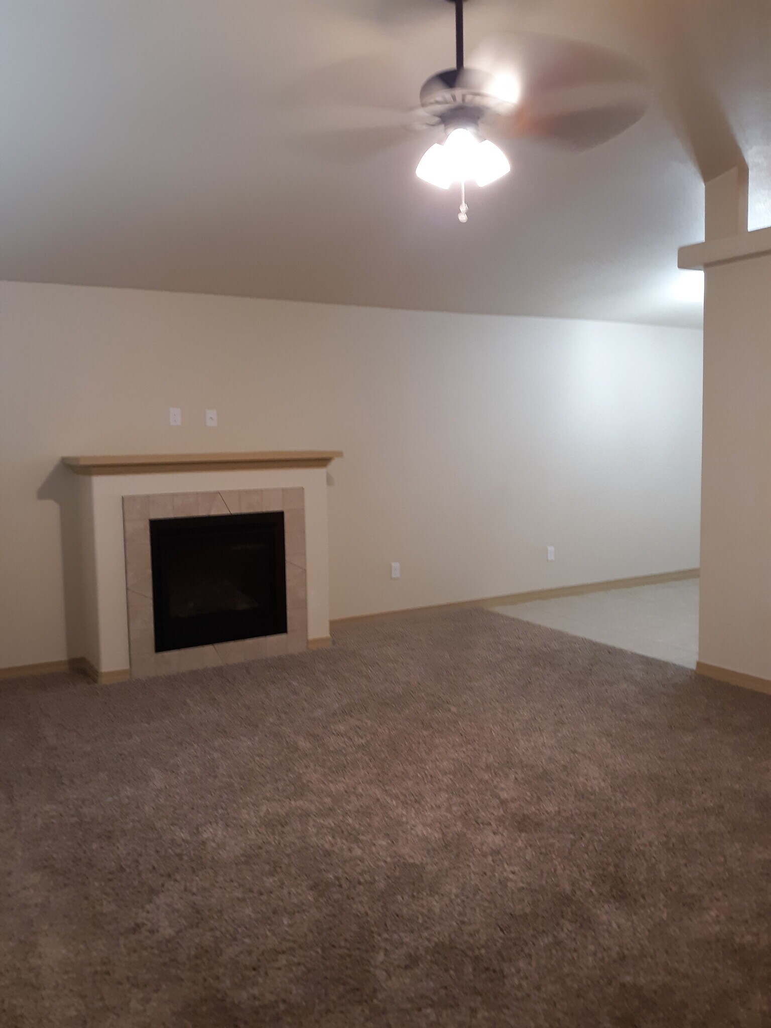 Gas fireplace in living room with ceiling fan - 2310 Cliffmoor Ln