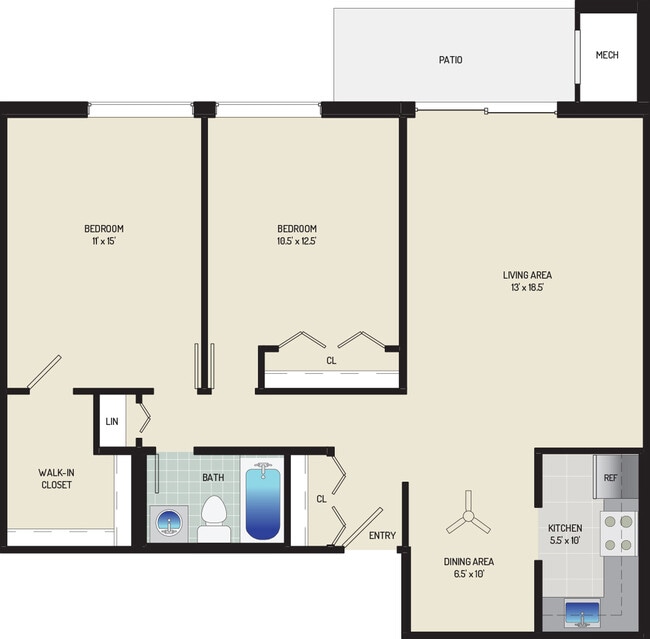 2 BR/ 1 BA (Style F1) | 915 sq. ft. - Columbia Park Apartments