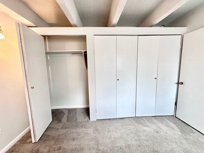 Spacious apartment closet with sliding doors and ample storage space, featuring modern design and cozy carpeted flooring. - Columbine Plaza