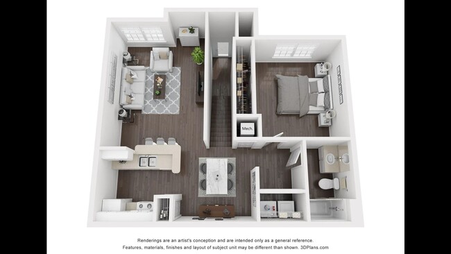 A 3D rendering of the floor plan for the Sabal apartment home - Charleston Cay