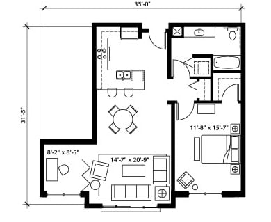 1BR/1BA - The Vaux