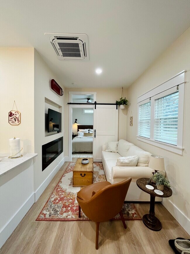 Living room with electric fireplace and swivel mount TV - 853 W 8th St