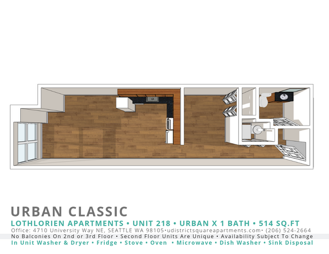 1 Bed, 1 Bath Urban Classic Alternate Floorplan (218) - Yugo Seattle Lothlorien