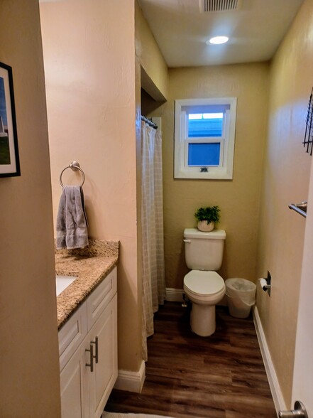Guest bathroom has nice large shower, granite counter. - 12080 Moss Dr