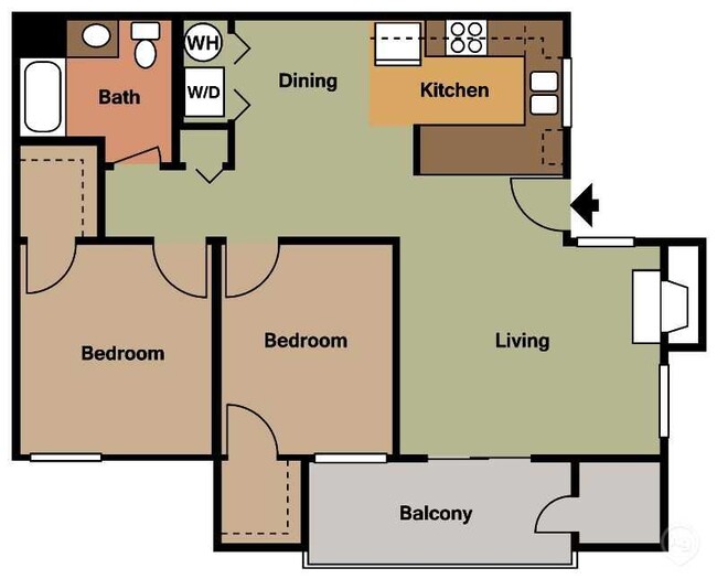 2 Bedroom 1 Bathroom Floorplan - Sycamore Terrace Apartments