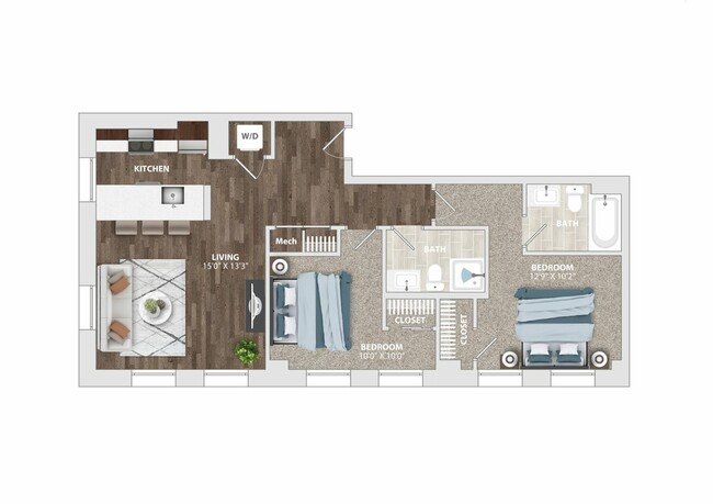 Explore the layout of this contemporary 2-bedroom apartment featuring a stylish kitchen and ample living space. - The Harriet Apartments