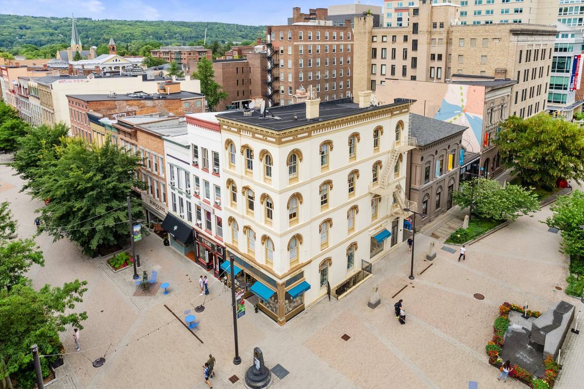 At the Intersection of Tioga street and State Street on The Downtown Ithaca Commons - 102 N Tioga St