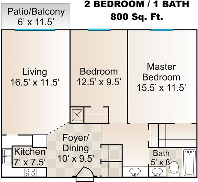 2 Bedroom Floor Plan - Trafalgar Apartments